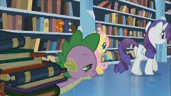 Size: 500x281 | Tagged: safe, screencap, fluttershy, pinkie pie, rarity, spike, g4, the crystal empire, animated, book, library