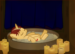 Size: 500x363 | Tagged: safe, artist:bryce-schroeder, oc, oc only, pony, unicorn, bath, candle, fire, firebug, on back