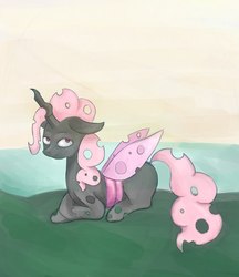 Size: 882x1023 | Tagged: safe, artist:rickroodz, pinkie pie, changeling, g4, changelingified, female, pink changeling, pinkling, prone, solo, species swap