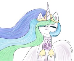 Size: 1237x1024 | Tagged: safe, artist:rickroodz, princess celestia, alicorn, pony, g4, eyes closed, female, present, simple background, smiling, solo, white background