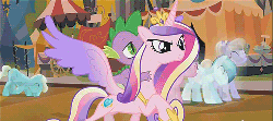 Size: 500x222 | Tagged: safe, screencap, amber waves, bright smile, castle (crystal pony), crystal arrow, crystal beau, elbow grease, paradise (g4), princess cadance, spike, crystal pony, pony, g4, the crystal empire, animated, crystal empire, crystal spike, crystallized