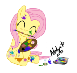 Size: 708x670 | Tagged: safe, artist:nadyad, fluttershy, pegasus, pony, g4, ^^, cute, eyes closed, female, mare, paint, paint on fur, painting, shyabetes, simple background, solo, transparent background