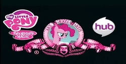 Size: 627x318 | Tagged: safe, pinkie pie, g4, ars gratia artis, closing logo, logo parody, metro-goldwyn-mayer, mgm, parody