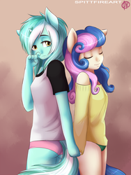 Size: 1600x2133 | Tagged: dead source, safe, artist:spittfireart, bon bon, lyra heartstrings, sweetie drops, earth pony, anthro, g4, clothes, dead sourcedead, duo, female, lesbian, panties, ship:lyrabon, shipping, sweater, t-shirt, underwear