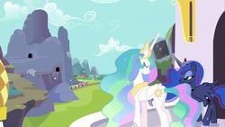 Size: 1920x1080 | Tagged: safe, screencap, princess celestia, princess luna, alicorn, pony, g4, the crystal empire, black tome of future plot relevance, butt, duo, ethereal mane, female, friendship express, magic, mare, mysterious book, plot, railroad, starry mane, telekinesis