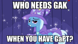 Size: 640x360 | Tagged: safe, edit, edited screencap, screencap, trixie, pony, unicorn, boast busters, g4, cape, clothes, dreamworks face, female, gak, great and powerful, hat, image macro, impact font, mare, meme, solo, trixie's cape, trixie's hat