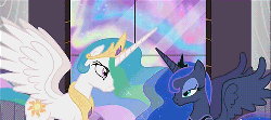 Size: 500x222 | Tagged: safe, screencap, princess celestia, princess luna, alicorn, pony, g4, the crystal empire, animated, aurora borealis, aurora crystialis, crystal empire, female, horn, horns are touching, mare, sisters, spread wings, wings
