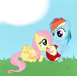 Size: 583x573 | Tagged: safe, artist:fluttershyfree, fluttershy, rainbow dash, g4, ball, duo, filly