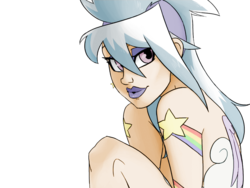 Size: 1024x768 | Tagged: safe, artist:redge, artist:thelivingmachine02, cloudchaser, human, g4, bedroom eyes, colored, female, humanized, lipstick, looking at you, nudity, simple background, smiling, solo, tattoo, transparent background