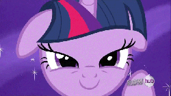 Size: 640x360 | Tagged: safe, screencap, twilight sparkle, pony, unicorn, g4, season 3, the crystal empire, all new, animated, bust, dilated pupils, eyes, female, floppy ears, gif, hub logo, logo, non-looping gif, pun, solo, sparkling, squishy, text, the hub, visual pun