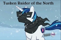 Size: 600x394 | Tagged: safe, screencap, shining armor, pony, unicorn, g4, the crystal empire, hub logo, snow goggles, star wars, text