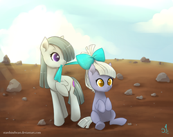 Size: 900x717 | Tagged: safe, artist:starshinebeast, limestone pie, marble pie, g4, bow, cute, pie sisters, rock farm