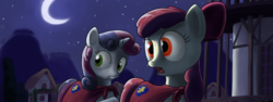 Size: 960x360 | Tagged: safe, artist:rautakoura, apple bloom, sweetie belle, earth pony, pony, my little investigations, g4, cape, clothes, cmc cape, cutie mark crusaders, moon, night, ponyville