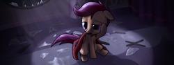 Size: 960x360 | Tagged: safe, artist:rautakoura, scootaloo, pony, my little investigations, g4, cape, clothes, female, filly, glass, hoof on head, lidded eyes, solo