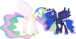 Size: 8460x4330 | Tagged: safe, artist:90sigma, princess celestia, princess luna, alicorn, pony, g4, the crystal empire, absurd resolution, duo, duo female, eyes closed, female, horn, horns are touching, jewelry, mare, regalia, royal sisters, siblings, simple background, sisters, spread wings, transparent background, vector, wings