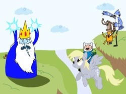 Size: 480x360 | Tagged: dead source, safe, artist:lindasupreme9117, derpy hooves, pegasus, pony, g4, adventure time, crossover, female, ice king, male, mare, mordecai, mordecai and rigby, regular show, rigby (regular show)
