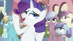 Size: 1433x801 | Tagged: safe, screencap, rarity, sapphire joy, crystal pony, pony, g4, season 3, the crystal empire, hub logo, hubble