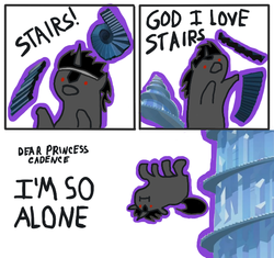 Size: 668x629 | Tagged: safe, artist:fantasyglow, king sombra, pony, unicorn, g4, the crystal empire, comic, dot eyes, female, i'm so alone, king sombra's stair dimension, lying down, mare, meme, on back, parody, simple background, stairs, that pony sure does love stairs, white background