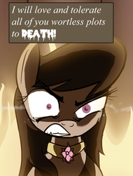Size: 650x857 | Tagged: safe, artist:mindlessgonzo, artist:zedrin, edit, octavia melody, earth pony, pony, g4, angry, ask-mafia-octavia, female, fire, love and tolerance, mare, mismatched eyes, solo, text edit, wide eyes