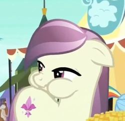 Size: 465x452 | Tagged: safe, screencap, fleur de verre, crystal pony, pony, g4, the crystal empire, aside glance, aweeg*, background pony, chewing, chubby cheeks, cropped, cute, eating, female, mare, puffy cheeks, scrunchy face, solo
