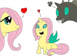 Size: 900x654 | Tagged: safe, artist:26livingston, fluttershy, oc, oc:flutterling, changeling, hybrid, g4, flutterling, interspecies offspring, offspring, parent:fluttershy, parent:oc:changeling 42, parents:canon x oc, shipping