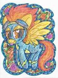 Size: 400x534 | Tagged: safe, artist:dolcisprinkles, spitfire, pegasus, pony, g4, :p, clothes, female, goggles, heart eyes, solo, tongue out, traditional art, uniform, wingding eyes, wonderbolts uniform