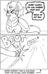 Size: 550x850 | Tagged: safe, artist:marcusmaximus, king sombra, fluffy pony, g4, 2 panel comic, black and white, comic, cute, duo, fluffy pony original art, grayscale, kick, male, monochrome, offscreen character, offscreen human, smarty friend, stallion, truth