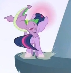 Size: 340x348 | Tagged: safe, screencap, spike, twilight sparkle, dragon, pony, unicorn, g4, the crystal empire, butt, butt touch, female, hand on butt, male, mare, out of context, plot, stairs, twibutt, unicorn twilight