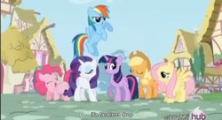 Size: 856x464 | Tagged: safe, screencap, applejack, fluttershy, pinkie pie, rainbow dash, rarity, twilight sparkle, earth pony, pegasus, unicorn, g4, the crystal empire, female, intro, mane six, opening, youtube caption