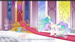 Size: 1920x1080 | Tagged: safe, screencap, princess celestia, alicorn, pony, g4, the crystal empire, female, hub logo, logo, mare, open mouth, solo, the hub, youtube caption