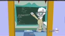 Size: 1920x1080 | Tagged: safe, screencap, covalent bond, earth pony, pony, g4, the crystal empire, chalk, chalkboard, clothes, fancy mathematics, glasses, grin, hub logo, logo, looking at you, male, math, necktie, raised hoof, smiling, stallion, the hub, youtube caption
