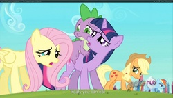 Size: 1920x1080 | Tagged: safe, screencap, applejack, fluttershy, rainbow dash, spike, twilight sparkle, dragon, pony, g4, the crystal empire, dragons riding ponies, riding, youtube caption