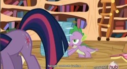Size: 856x464 | Tagged: safe, screencap, spike, twilight sparkle, g4, the crystal empire, golden oaks library, justice, paper, youtube caption