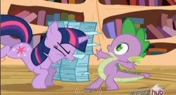 Size: 856x464 | Tagged: safe, screencap, spike, twilight sparkle, g4, the crystal empire, youtube caption