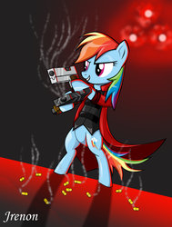 Size: 1024x1353 | Tagged: safe, artist:jrenon, rainbow dash, pegasus, pony, g4, bipedal, bullet, clothes, crossover, cutie mark, dante (devil may cry), devil may cry, dual wield, female, gun, handgun, hooves, mare, mundus (devil may cry), pistol, signature, smiling, smoke, solo, teeth, text, weapon, wings