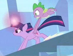 Size: 862x669 | Tagged: safe, screencap, spike, twilight sparkle, dragon, pony, unicorn, g4, the crystal empire, butt touch, female, glowing horn, gravity spell, hand on butt, horn, male, mare, stairs, unicorn twilight