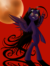 Size: 738x960 | Tagged: safe, bipedal, fangs, glasses, hellsing, impossibly long mane, lidded eyes, long mane, ponified, red background, rip van winkle, simple background, solo, spread wings, standing, teeth, wings