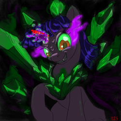 Size: 900x900 | Tagged: safe, artist:gela-g-i-s-gela, twilight sparkle, pony, g4, cape, clothes, colored horn, corrupted, corrupted twilight sparkle, curved horn, dark, dark magic, female, green eyes, horn, peytral, solo, sombra eyes, sombra horn