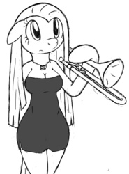 Size: 592x800 | Tagged: safe, artist:tg-0, pinkie pie, earth pony, anthro, semi-anthro, g4, arm hooves, cleavage, clothes, cute, cuteamena, dress, female, floppy ears, frown, hoof hold, monochrome, musical instrument, necklace, pinkamena diane pie, solo, trombone