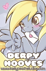 Size: 418x650 | Tagged: safe, artist:mooglegurl, derpy hooves, pegasus, pony, g4, blushing, female, heart, letter, mailmare, mare, mouth hold, solo, spread wings, wings