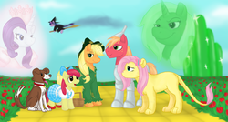 Size: 900x482 | Tagged: dead source, safe, artist:cartoonlion, apple bloom, applejack, big macintosh, fluttershy, rarity, trixie, twilight sparkle, winona, hybrid, lion, lion pony, g4, basket, broom, clothes, cowardly lion, crossover, dorothy gale, dress, emerald city, flower, flutterlion, flying, flying broomstick, golden brick road, hairclip, hat, picnic basket, poppy, scarecrow, shoes, species swap, standing, the good witch, the wizard of oz, tin man, toto, witch, witch hat