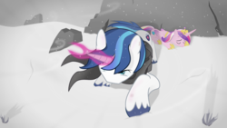 Size: 1920x1080 | Tagged: safe, artist:regolithx, princess cadance, shining armor, g4, couple, full body, knocked out, kubrick stare, lying down, magic, magic aura, prone, show accurate, snow