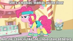 Size: 960x540 | Tagged: safe, edit, edited screencap, screencap, pinkie pie, a friend in deed, g4, caption, dialogue, headband, hub logo, image macro, leg warmers, maniac, meme, michael sembello, pun, song reference, workout outfit, wristband