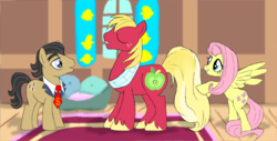 Size: 1255x637 | Tagged: safe, artist:missesnovember, big macintosh, filthy rich, fluttershy, earth pony, pony, g4, big n rich, gay, male, shipping, stallion, tail extensions