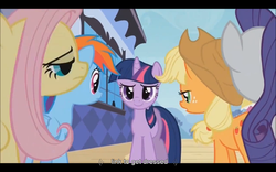 Size: 1024x640 | Tagged: safe, screencap, applejack, fluttershy, rainbow dash, rarity, twilight sparkle, g4, the crystal empire, letterboxing, youtube caption