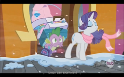 Size: 1024x640 | Tagged: safe, screencap, rarity, spike, g4, the crystal empire, letterboxing, youtube caption