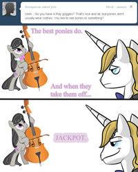 Size: 640x800 | Tagged: safe, artist:ttturboman, octavia melody, prince blueblood, pony, ask blueblood, g4, ask, bipedal, bowtie, cello, eyes on the prize, frown, hoof hold, lewd, lidded eyes, musical instrument, smiling, smirk, tumblr, we don't normally wear clothes