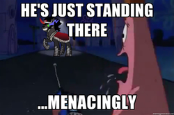 Size: 400x266 | Tagged: safe, king sombra, pony, starfish, unicorn, g4, hall monitor, he's just standing there menacingly, horn, impact font, male, meme, patrick star, spongebob squarepants, truth