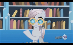 Size: 1024x640 | Tagged: safe, screencap, amethyst maresbury, g4, the crystal empire, book, bookshelf, hub logo, implied terrorist, letterboxing, library, youtube caption