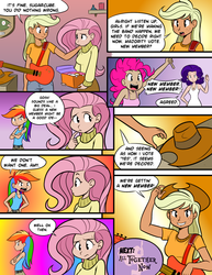 Size: 1280x1657 | Tagged: safe, artist:megasweet, artist:trelwin, applejack, fluttershy, pinkie pie, rainbow dash, rarity, human, g4, bass guitar, breasts, busty fluttershy, canter girls, clothes, comic, female, humanized, musical instrument, sweater, sweatershy